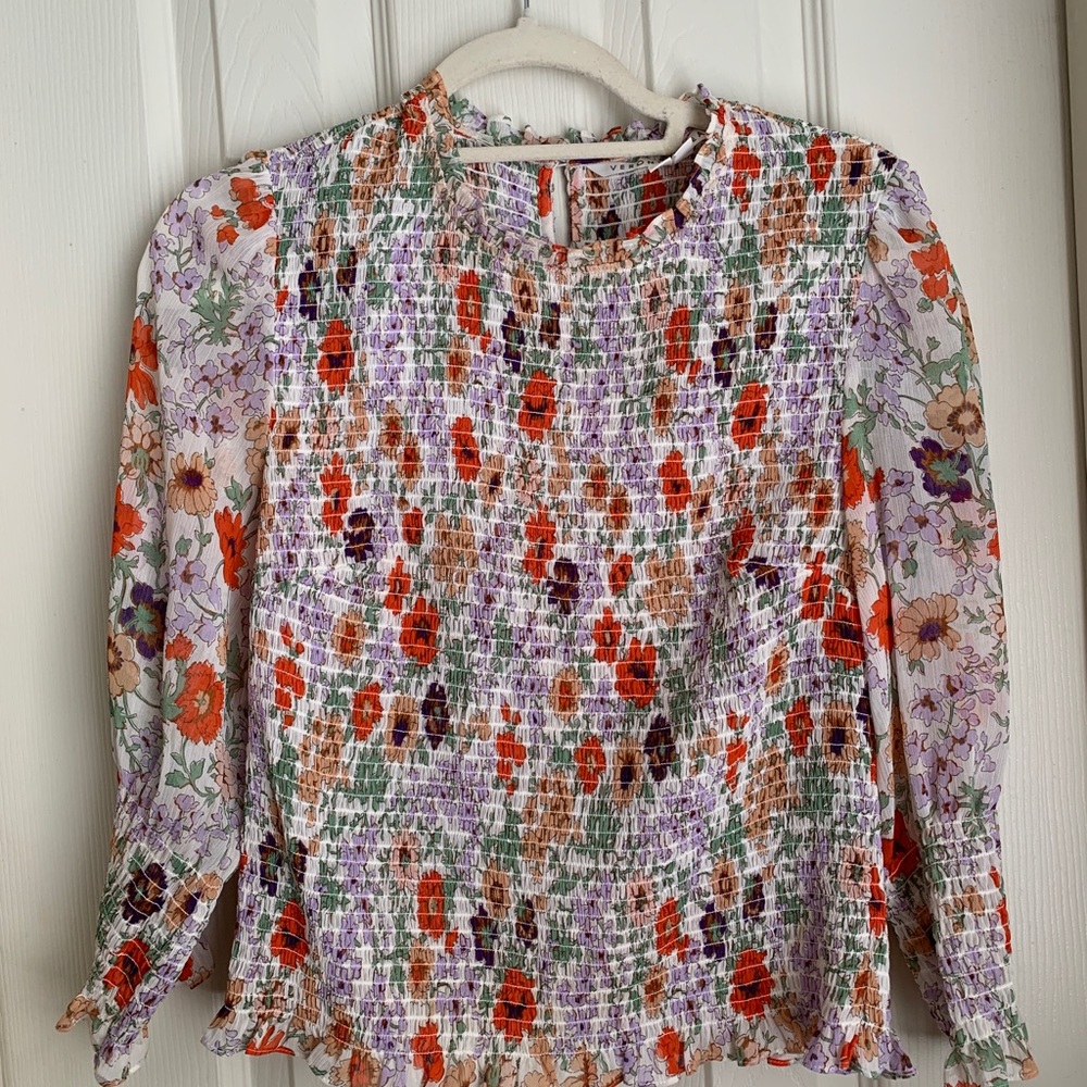 Veronica Beard Multi-Color Floral Smocked Blouse